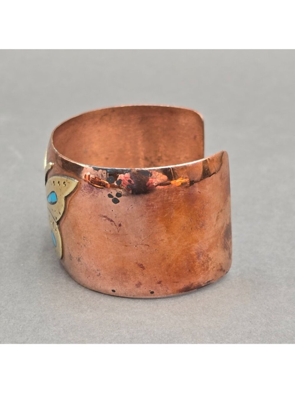 Vintage Mexico Cobre Copper Turquoise Inlay Cuff Bracelet 7" Mixed Metal - Picture 2 of 10